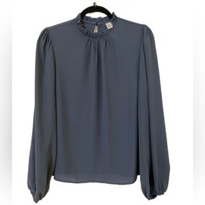 19. Long Puff Sleeve Mock Neck Sheer Navy Blue Medium Women’s Chiffon Blouse